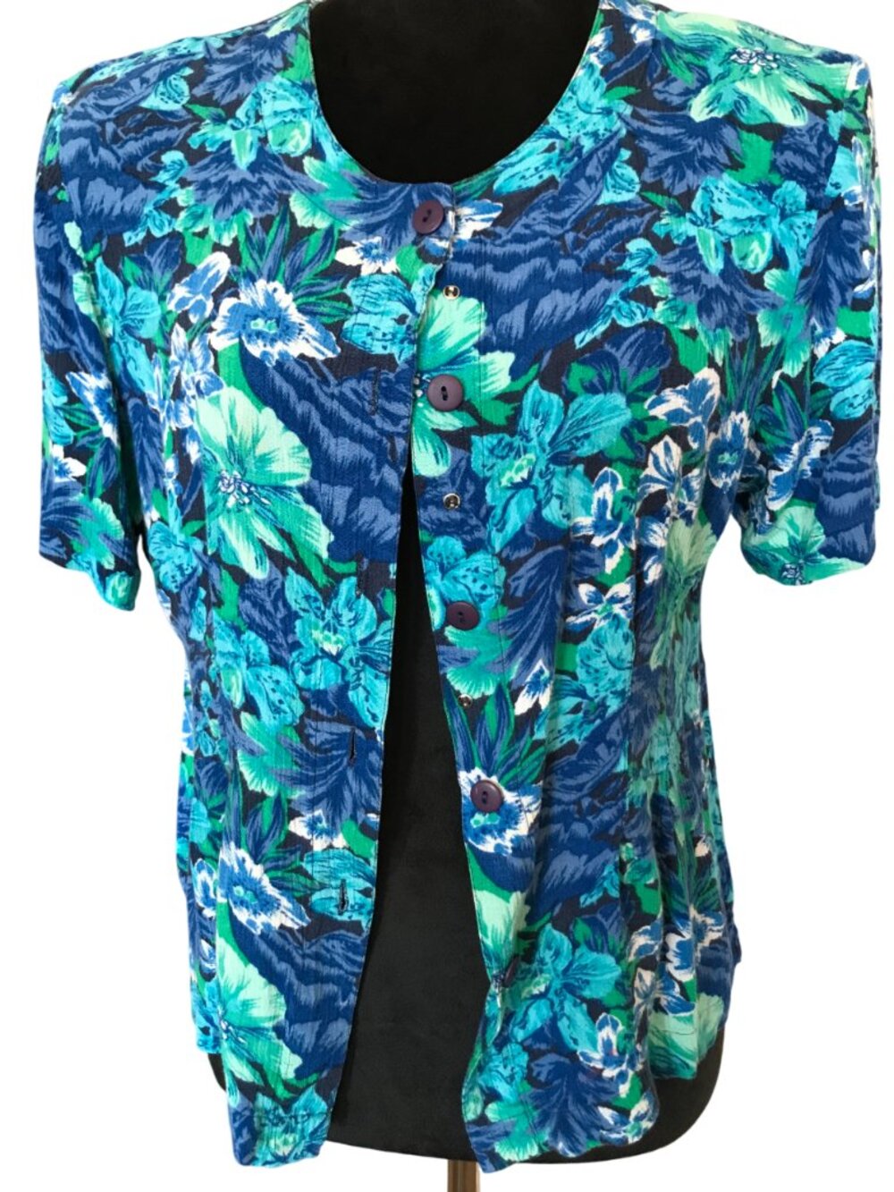 Floral Crepe Blouse Vintage Blue Flowery Rayon Tunic Sarah Taylor Size M